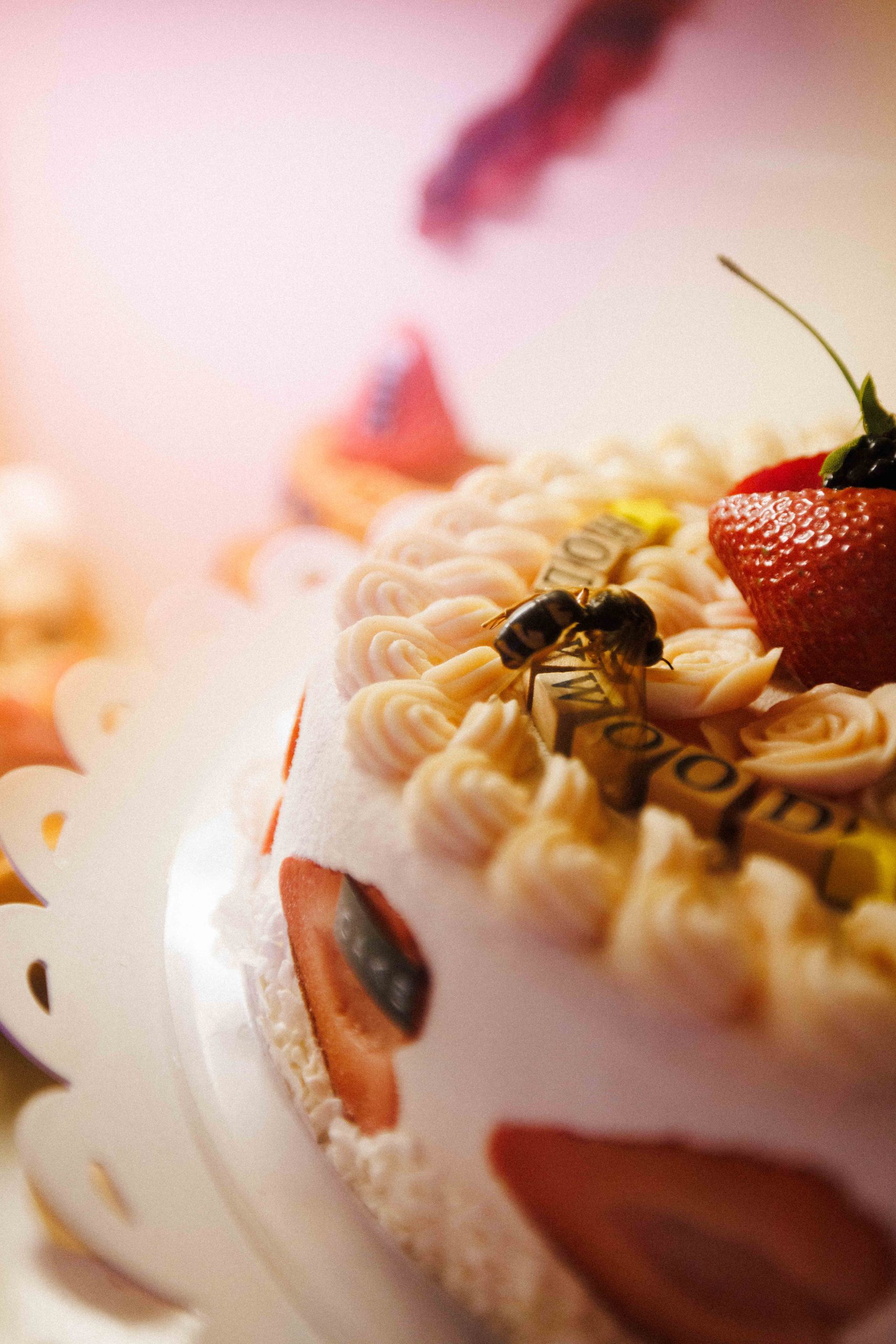 A close-up of a replica cake decorated with icing, strawberries, and small insects.